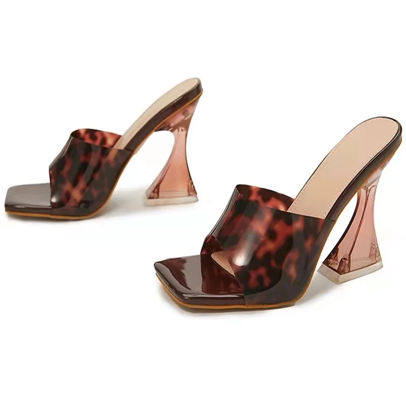 

Hot Sexy Leopard PVC Transparent Women's Slippers Mules Gladiator Jelly Sandals Slides Summer Open Toe Clear High Heels Shoe