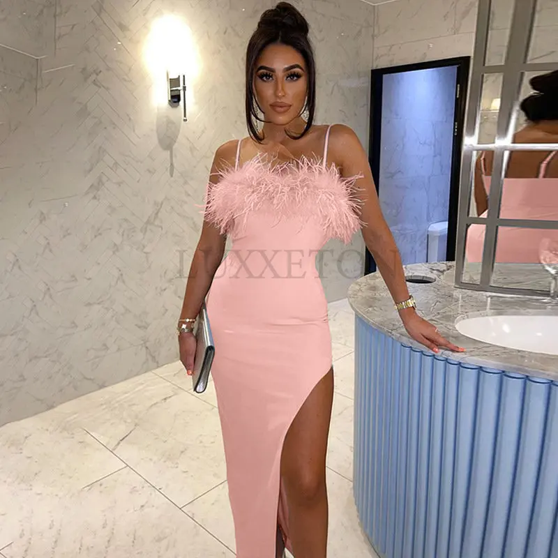

Off The Shoulder Feathers Patchwork Bodycon Long Dress Women Sexy Slim Fit Autumn Long Sleeve Midi Dress Party Clubwear Dresses