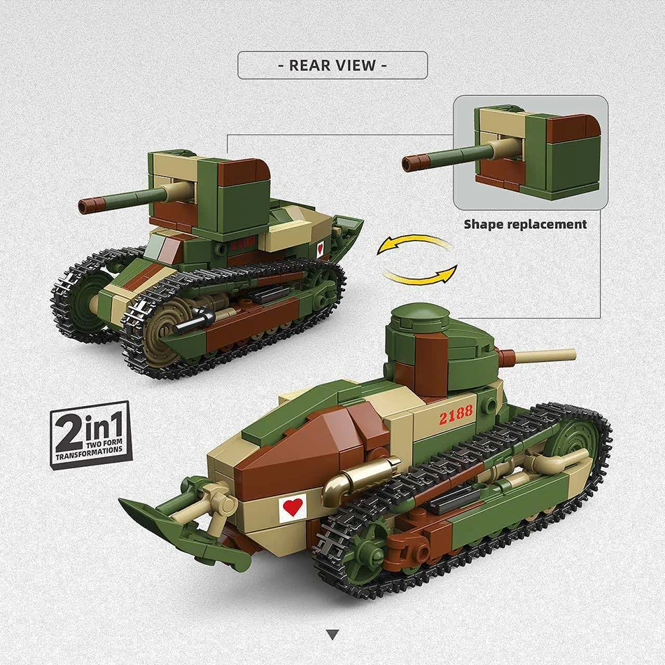 Фото Конструктор 2 в 1: военный танк Renault FT (фр. легкий танк) времен ВМВ и пулемет для защиты от танков (военная техника времен Первой мировой войны). Игрушка для детей, подарок. №4