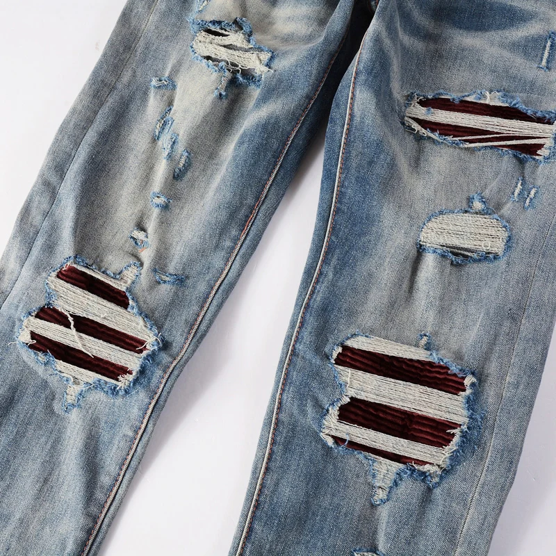 High Street Fashion Men Jeans Retro Blue Elastic Stretch Skinny Ripped Jeans Men Red Patched Designer Hip Hop Brand Pants Hombre