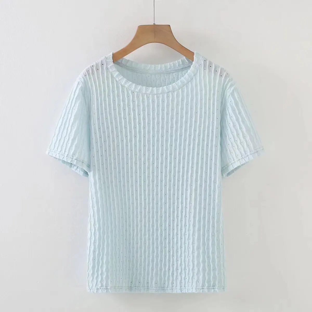 

Plus Size Women T-Shirt Polyester Hollow Out Summer 2022 Tops Casual Elastic Wave Fold Temperament Short Sleeve Tees