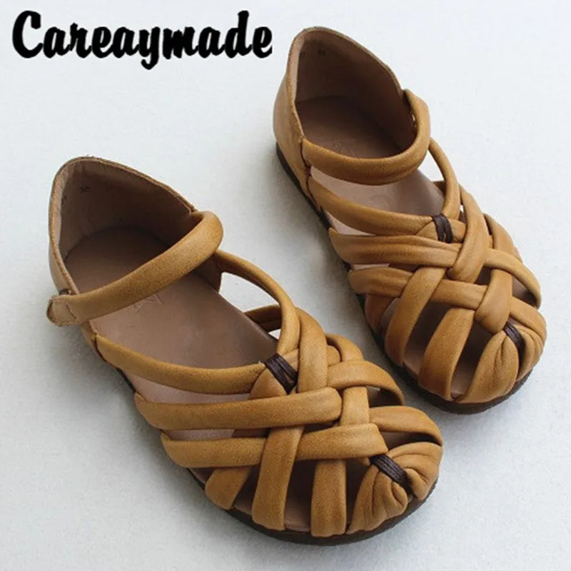 Купи Careaymade-Summer, Genuine Leather retro hand sandals, single toe layer cow leather woven flat soft cowhide sole women's shoes за 2,680 рублей в магазине AliExpress