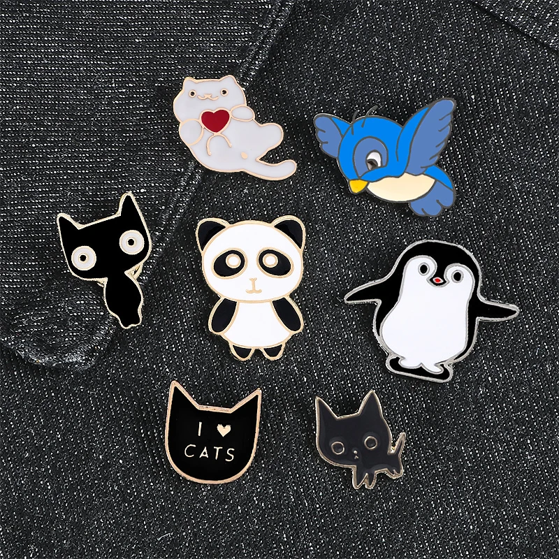 

High Quality Cute Cat Collection Bird Panda Punguin I Love Cat Brooches For Ladies Women Men Jewelry Pin Metal Enamel Lapel Pins