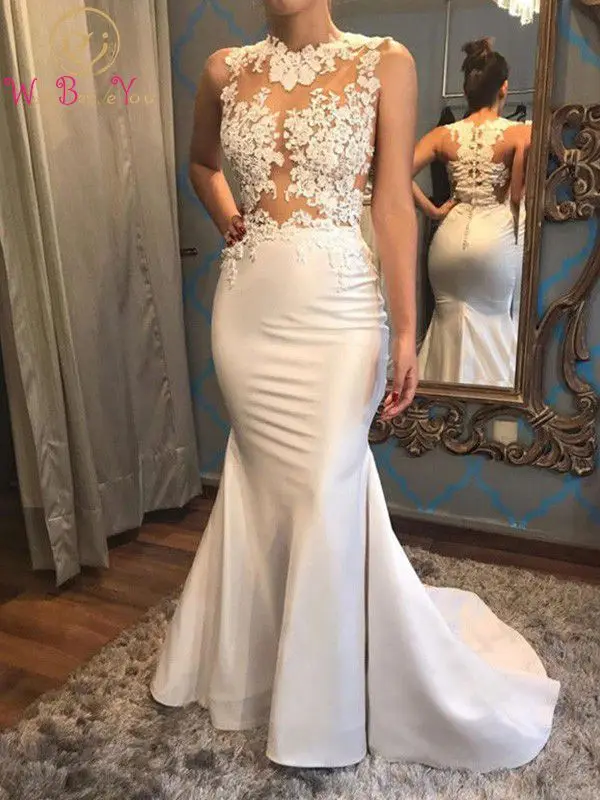 

Trumpet/Mermaid Wedding Dresses 2023 Sleeveless Scoop Court Train Lace Applique Satin Illusion Women Bridal Gown Bride