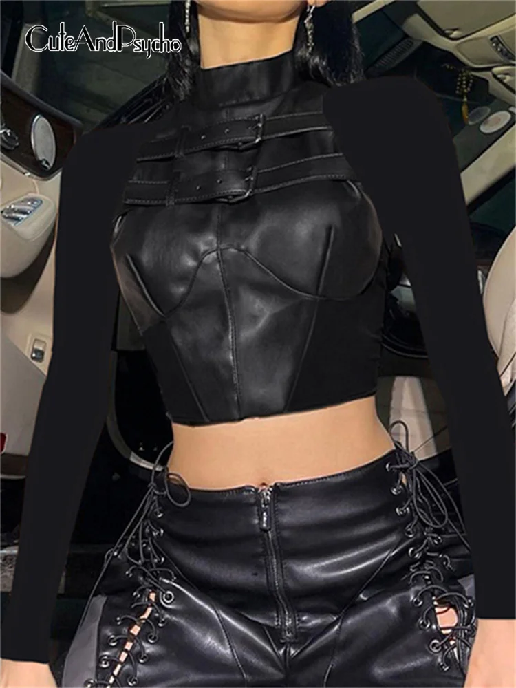 

Cuteandpsycho PU Leather Patchwork Crop Tshirts Long Sleeves Gothic Slim Fashion Clothing Dark Academia Chic Basic Tee Tops Y2K
