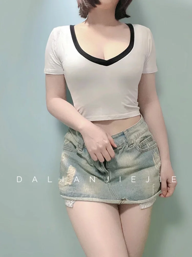 

2022 summer new tees korean basic one shoulder white short sleeve T-shirt women short slim sexy low cut top U233