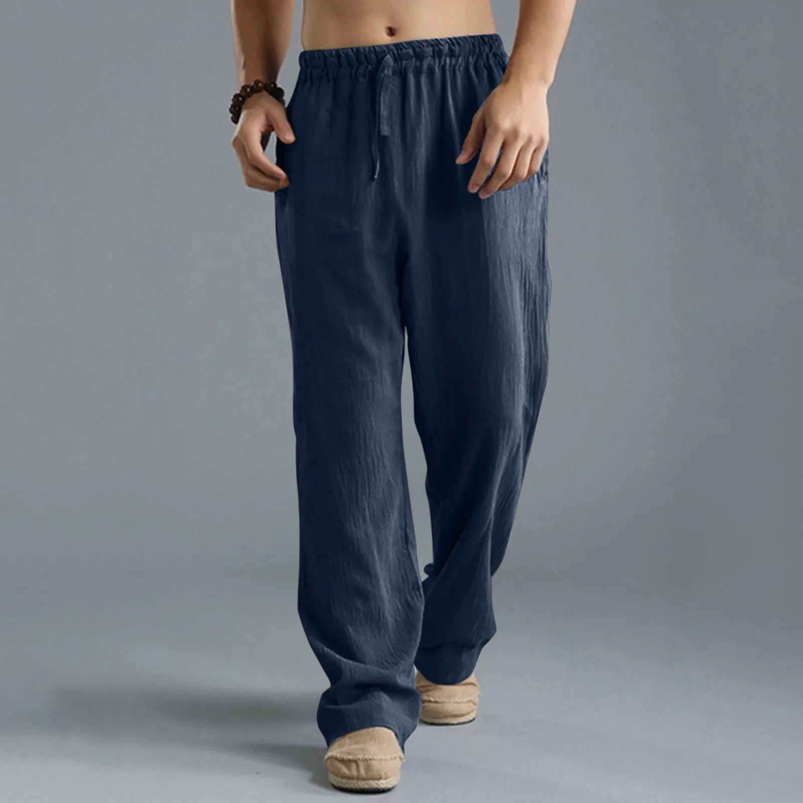 

Men Spring And Summer Pant Casual All Solid Color Painting Cotton Loose Trouser Fashion Beach Pockets Pant Size 1