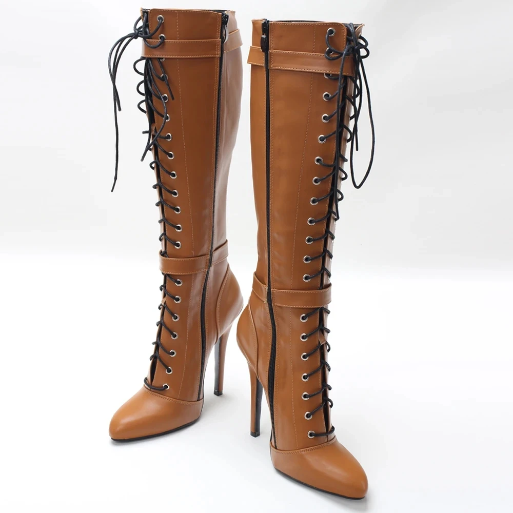 14CM High Heel retro Vintage Style Pointed Toe Stiletto Buckle Strap Lace-up Women Knee-high Boots