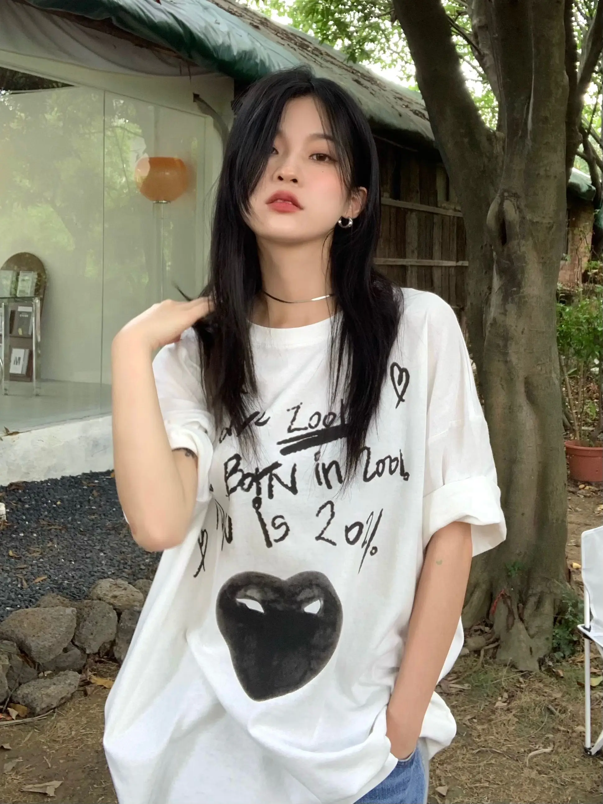 

Футболка женская с принтом граффити, Повседневный хлопковый топ оверсайз в Корейском стиле, винтажный пуловер с коротким рукавом, Y2K, на лет...