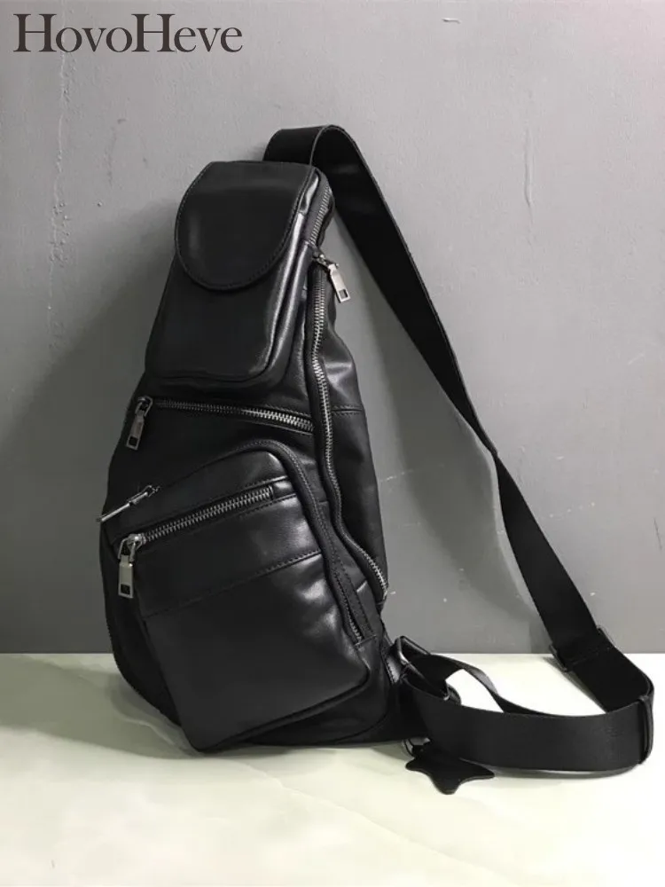 Сумка унисекс из натуральной кожи черная нагрудная сумка с несколькими