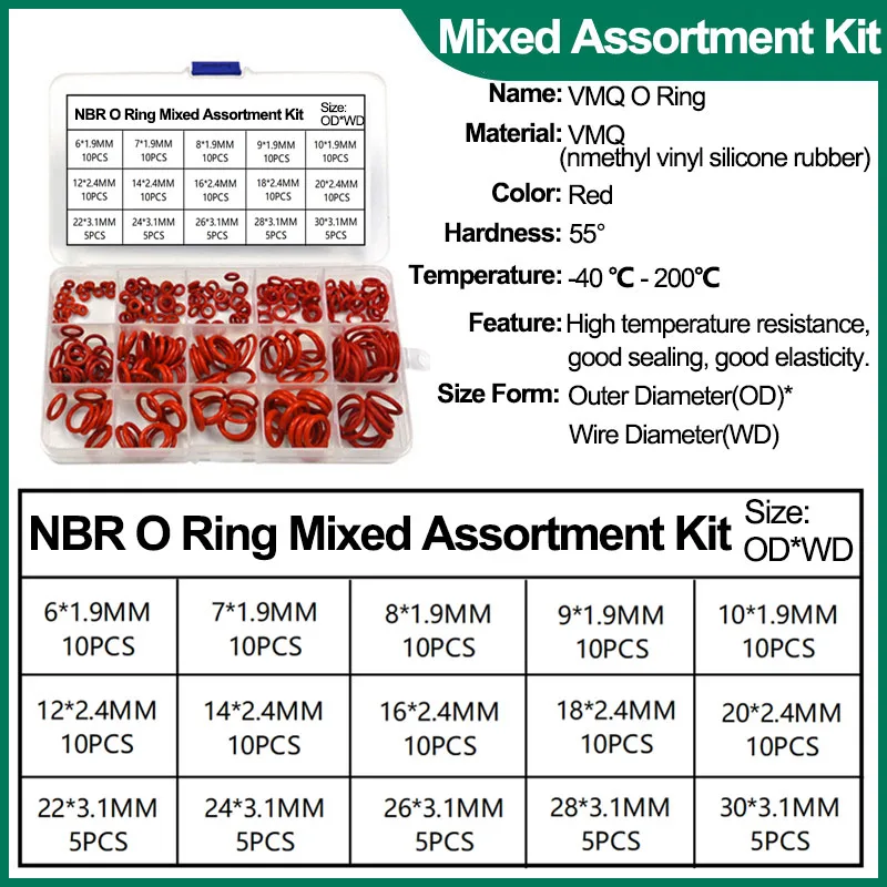 FKM Fluororubber O Ring Gasket Assortment Kits VMQ Silicone Rubber O-Ring Sealing Washer Set for Car Repair Air Gas Connections |