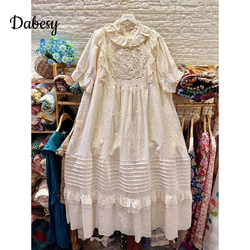 Женское длинное платье-трапеция Mori Girl белое хлопково-льняное платье с оборками и