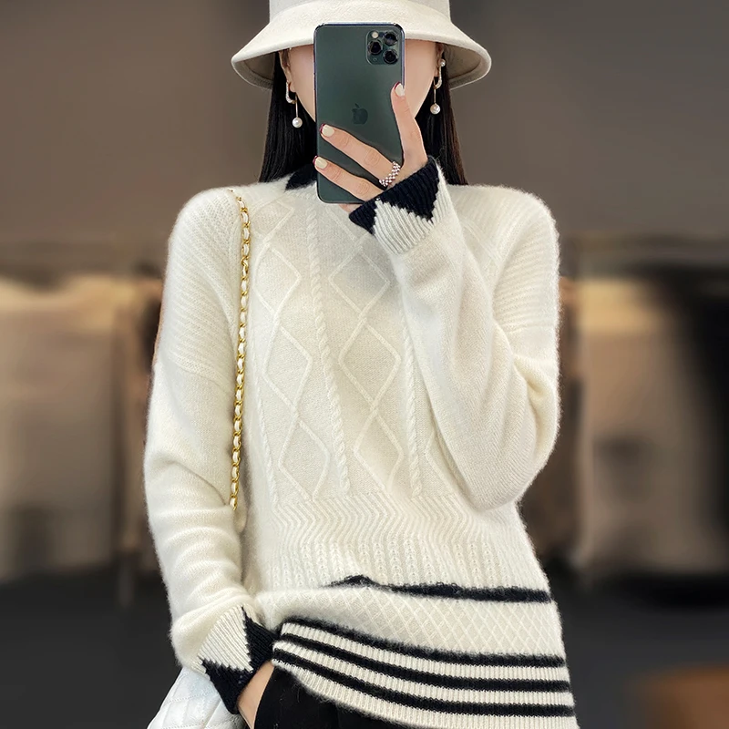 Зимние женские свитера, повседневный плотный джемпер, Женский пуловер с длинным рукавом и круглым вырезом, вязаные топы из 100% шерсти, пальто большого размера