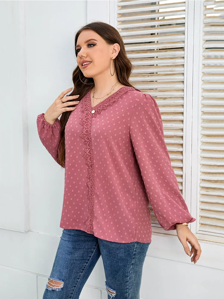 New solid color woven temperament commuter off-the-shoulder long-sleeved chiffon shirt roupa plus size feminino