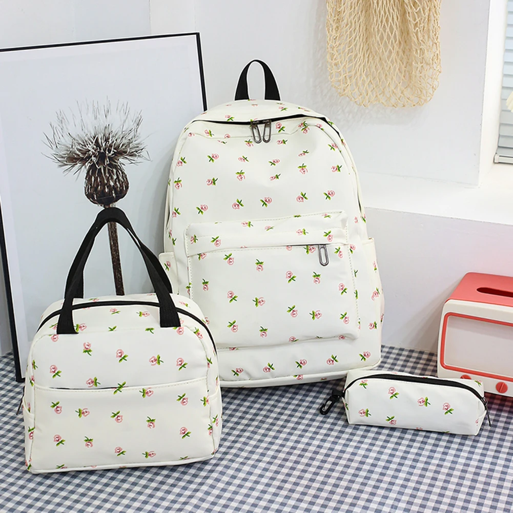 

Women Backpack Korea School Bag for Student Teenage Girls Rucksack with Lunch Box Pencil Case Simple Floral Print Book Bags Trav