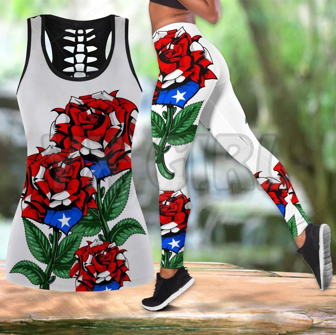 Puerto Rico Maga Flower Lover 3D Printed Tank Top+Legging Combo Outfit Yoga Fitness Legging Women