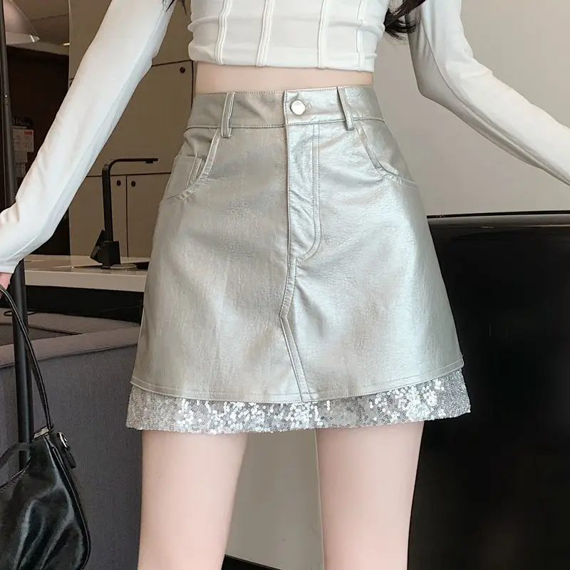 2024 женская модная мини-юбка с передними карманами и блестками винтажная