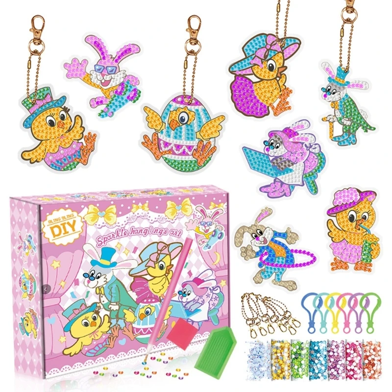 

1Set Easter Bling Rhinestone Painting Bunny Keychain Arts Crafts DIY Accessories for Adults Children Handmade Educational Toys
