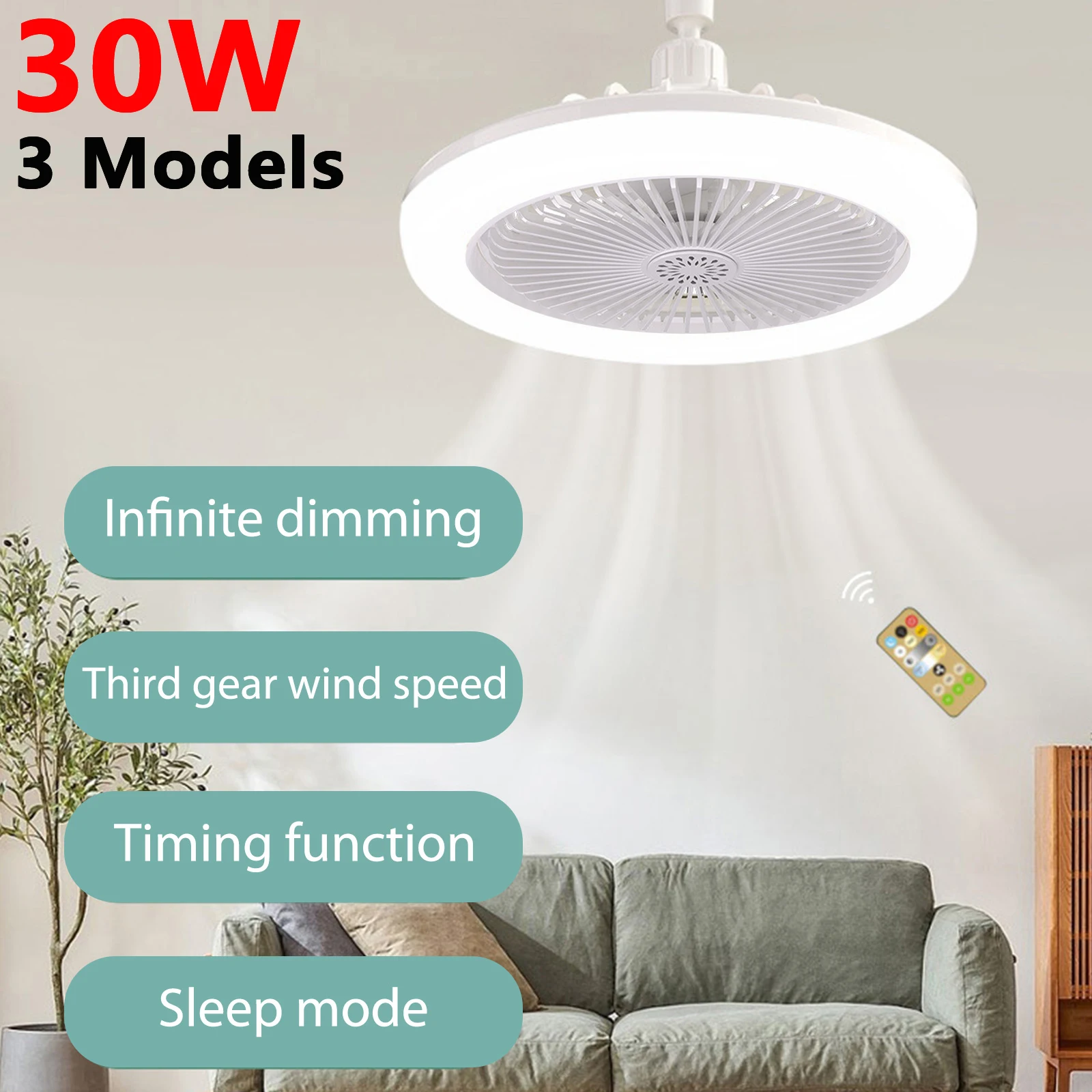 

30W Ceiling Fan With Lamp E27 Light Remote Control Aromatherapy Fan Lamp Bedroom Living Silent Cooling Fan Light