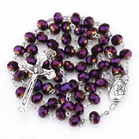 religious vintage prayer gifts christian crystal glass purple bead maria center cross rosary pendant necklace