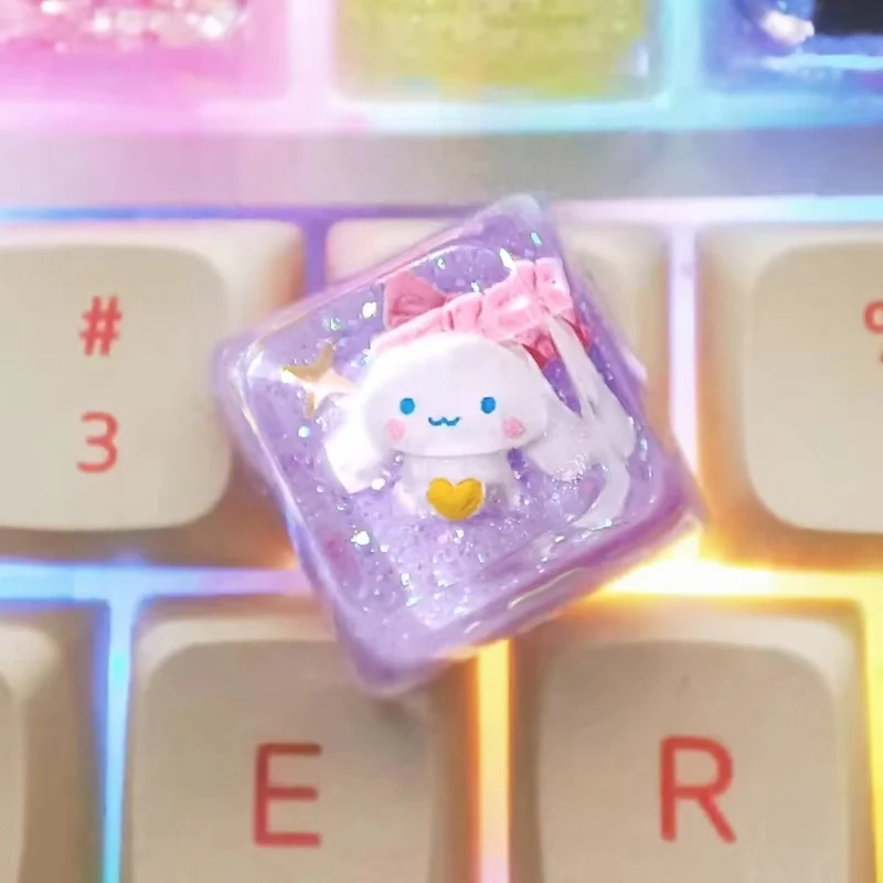 Sanrio Kawaii Keycap Bling Cinnamoroll Pompom Purin Hellokitty Mymelody Kuromi Keyboard Cap Drip Glue Handmade Diy Girls Gift