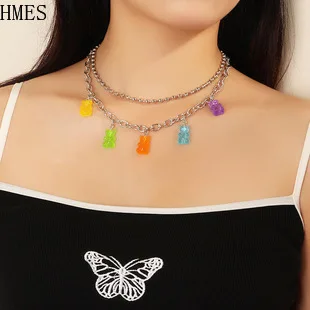 

HMES 7Colors Rainbow Bear Necklace Cute Jelly Bear Gummy for Women Cool Punk Hip Hop Resin Necklaces Accessories Gift Wholesale