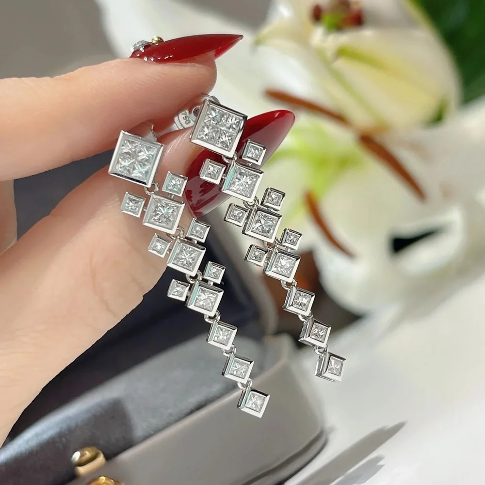 

French Geometry Square Stitching Cubic Zirconia Drop Earrings Luxury Wedding Banquet Jewelry for Women OL Exquisite Gifts