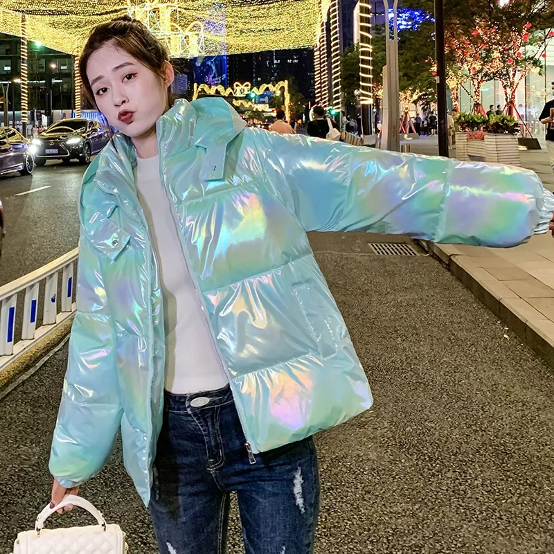 New2022 Coats Women's Shinny Hooded Long Sleeve Zipper Pockets Ladies Casual Thick Winter Jacket Cold Coat for Female 2021