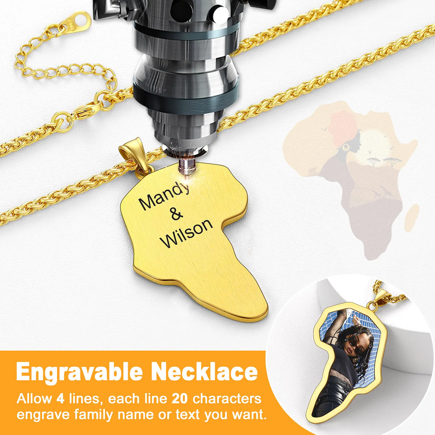 U7 Stainless Steel Personalized Photo Africa Map Necklace Custom Laser Engraving Back 20''+2''Link Chain Hip Hop Unisex Jewelry