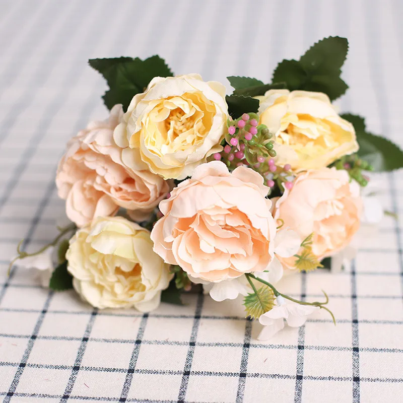 

7heads artificial silk peony flower branch leaves bouquet Wedding branch plants leaves fake bunch flowers hotel Home Party decor