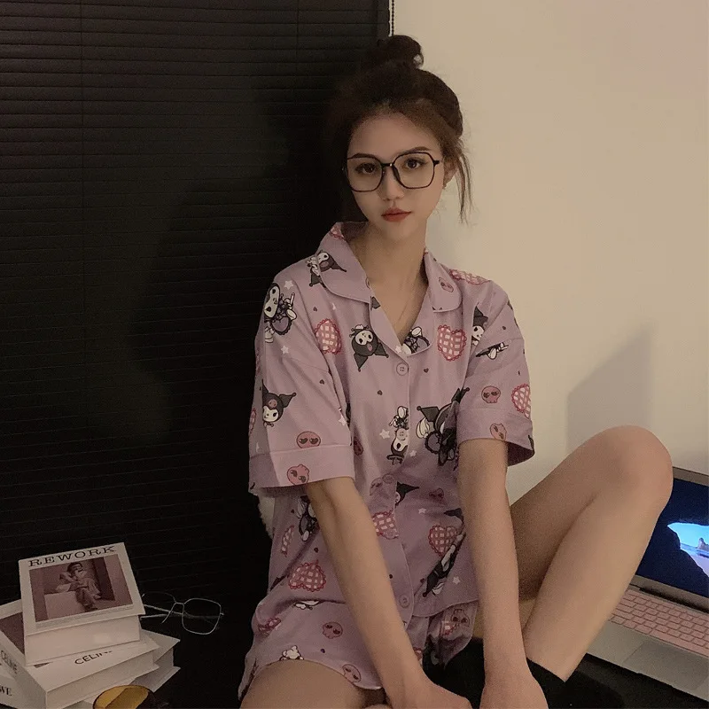 

Kawaii Anime Sanrioed Kuromi Clothes Pajamas Cartoon Cute Summer Short-Sleeved Shorts Pajamas Loungewear Two-Piece Set Girl Gift