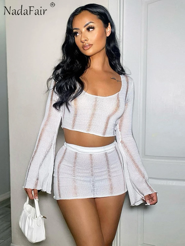 

Nadafair Long Sleeve Autumn Knitted Hollow Out Tassel Beach T shirt Tops Mini Skirt Women 2 Piece Set Casual Sexy Y2K Cream 2022