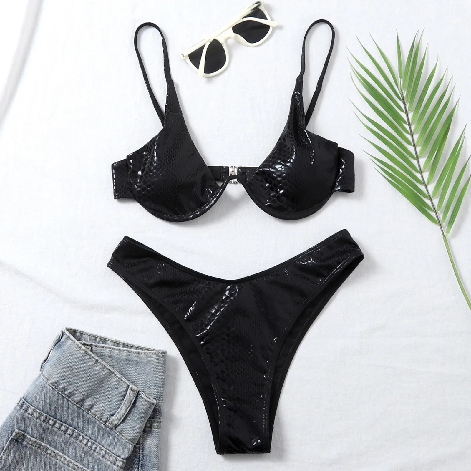 

Snake Pattern Bikini Steel Split Swimsuit Women's Push Up High Waist Backless Swimming Bathing Suit Solid Color Swimwear