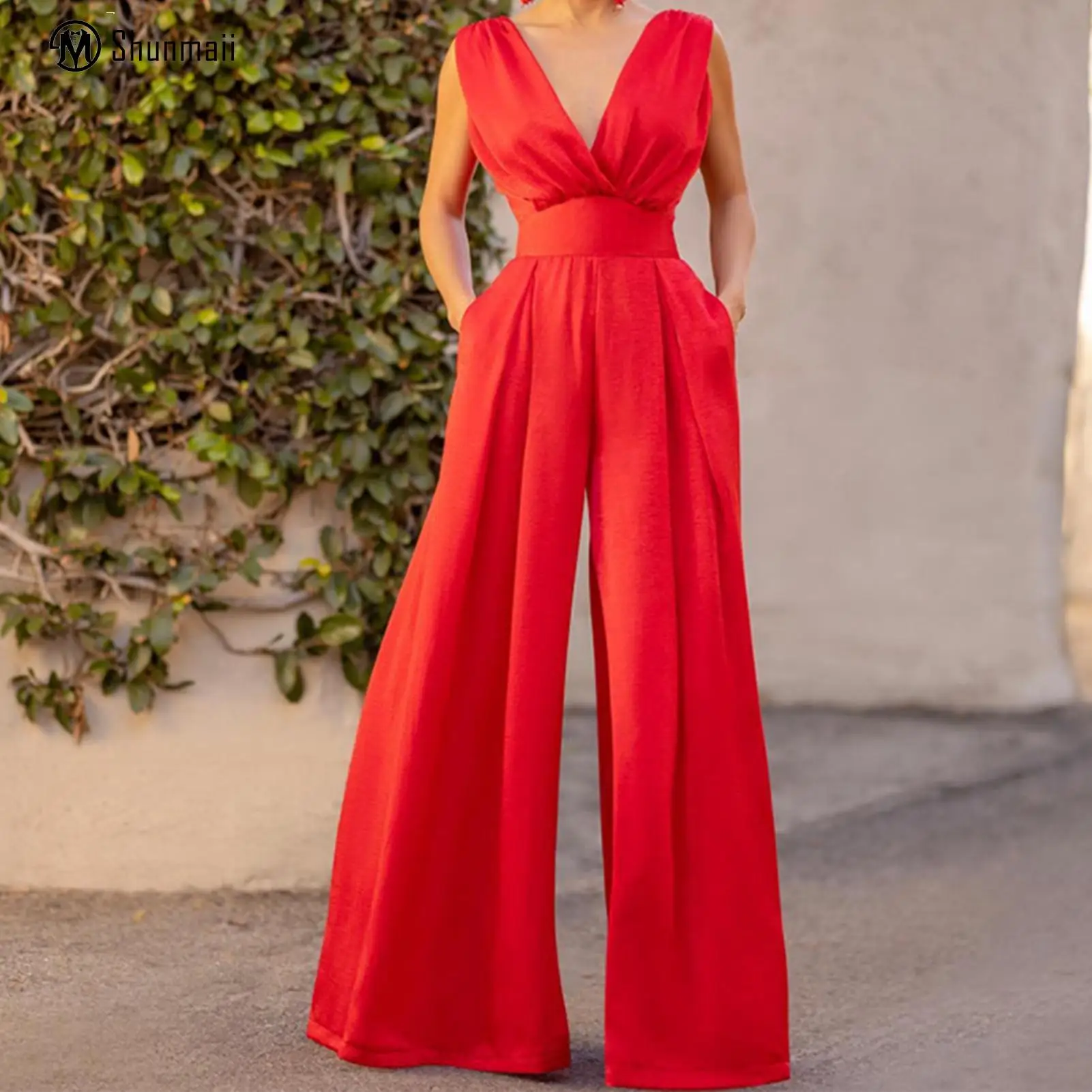 

Women Elegant Jumpsuits Deep V Neck Ladies Pleated Cocktail Jumpsuits Sexy Elegant Off Shoulder Office Lady Suit