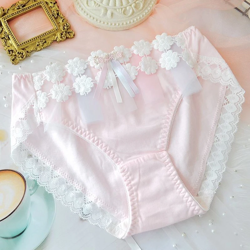 

Pure Cotton Sweet And Cute Girly Panties 2022 High Quality New Thin Rainbow Style Water Ripple Lace Edge Literary Women's Briefs