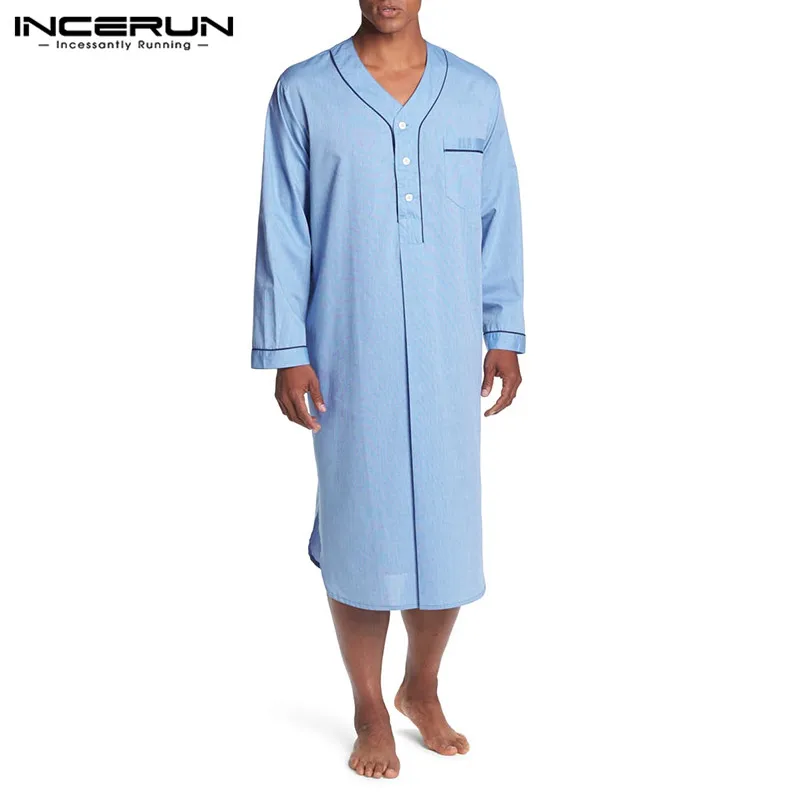 2023 Casual Men's Long Sleeve Sleep Robes Homewear V Neck Button Cozy Bathrobe Leisure Male Pajamas Nightgown Loungewear INCERUN