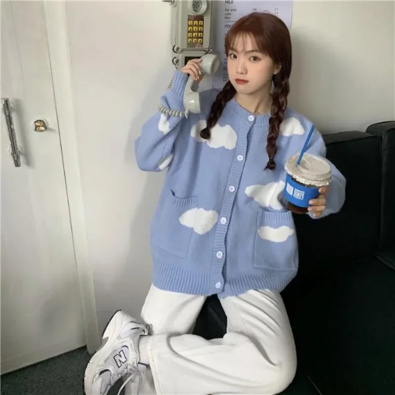 Корейский кардиган Sweet Blue Sky Cloud Y2k женский свободный вязаный свитер в
