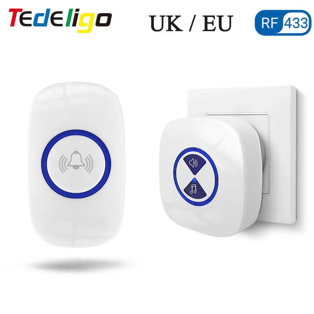 

UK EU Wireless Doorbell Set Outdoor Waterproof Transmitter Receiver Door Chimes,Smart Bell Remote Control 100m Range 110V 220V