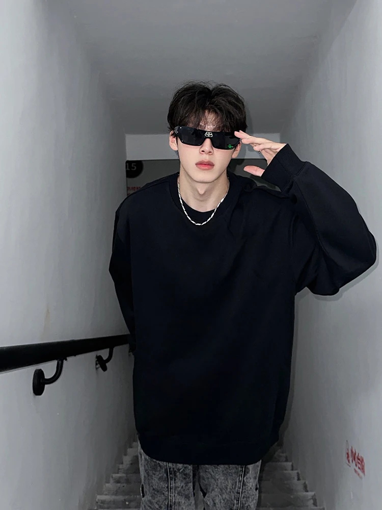 American-Sle Heavy Black Hoodie Boys Spring and Autumn Stacked Basic Shoulder T-shirt Inner wear Pure Cotton Long sleeve Bo...