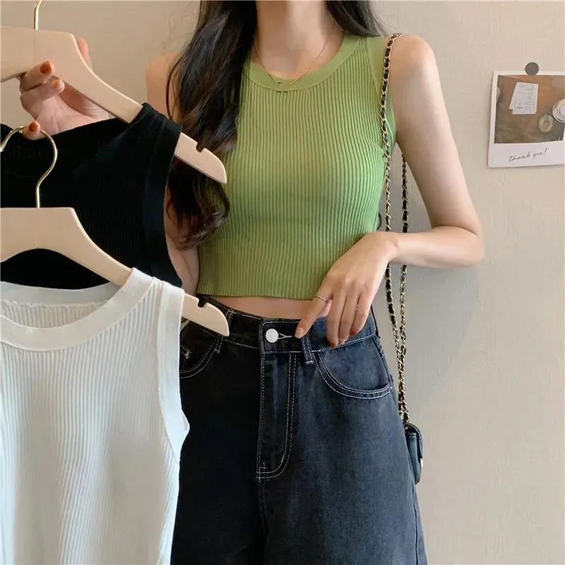 Green Knit Tank Top Sleeveless Short Women's Crop Top Solid Color Inner Wear Outer Skinny Short Vest Korean Fashion Wholesale