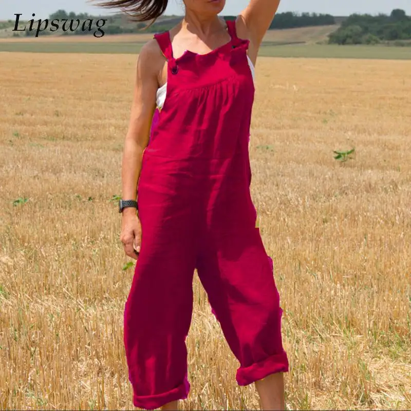 

Fashion Casual Cotton Linen Jumpsuit Women Sleeveless Strappy Solid Romper Vintage Loose Pocket Straight Pants Overalls Playsuit