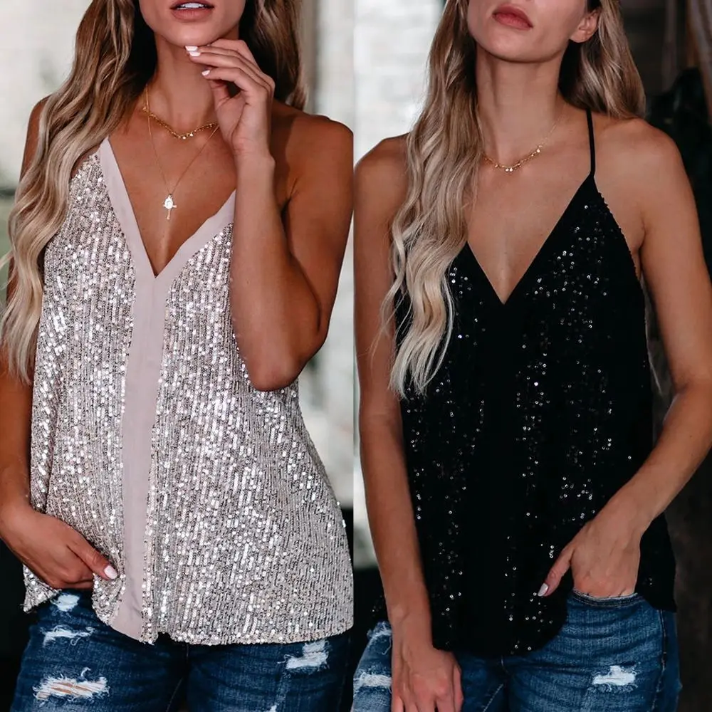 

Y2K women's tops 2022 summer European and American women's sequined suspenders V-neck straight vest halter top