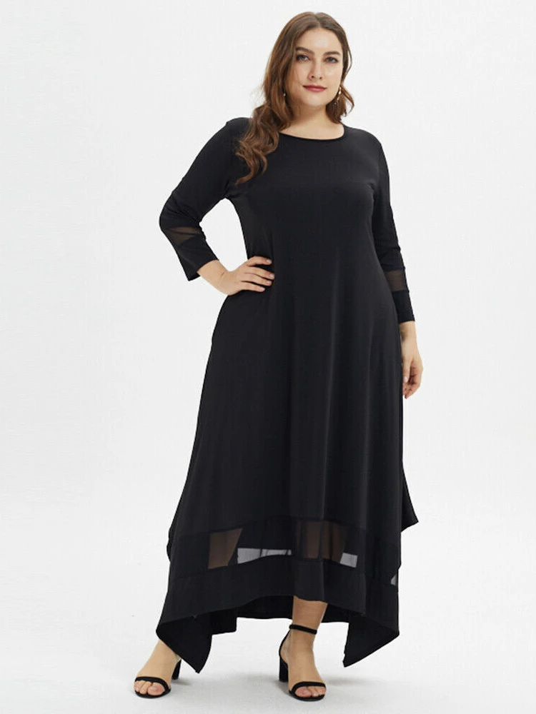 New best-selling plus-size women seven-point sleeve mesh crewneck splicing slit Muslim plus size dresses