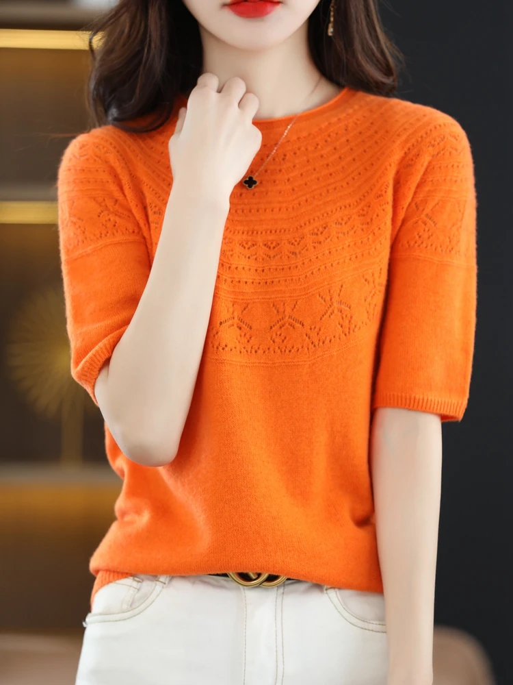 

Round Neck Short Sleeve Spring \Summer Women Cashmere Sweater First-Line Ready-To-Wear Hollow Out Casual Knitted Pullovers