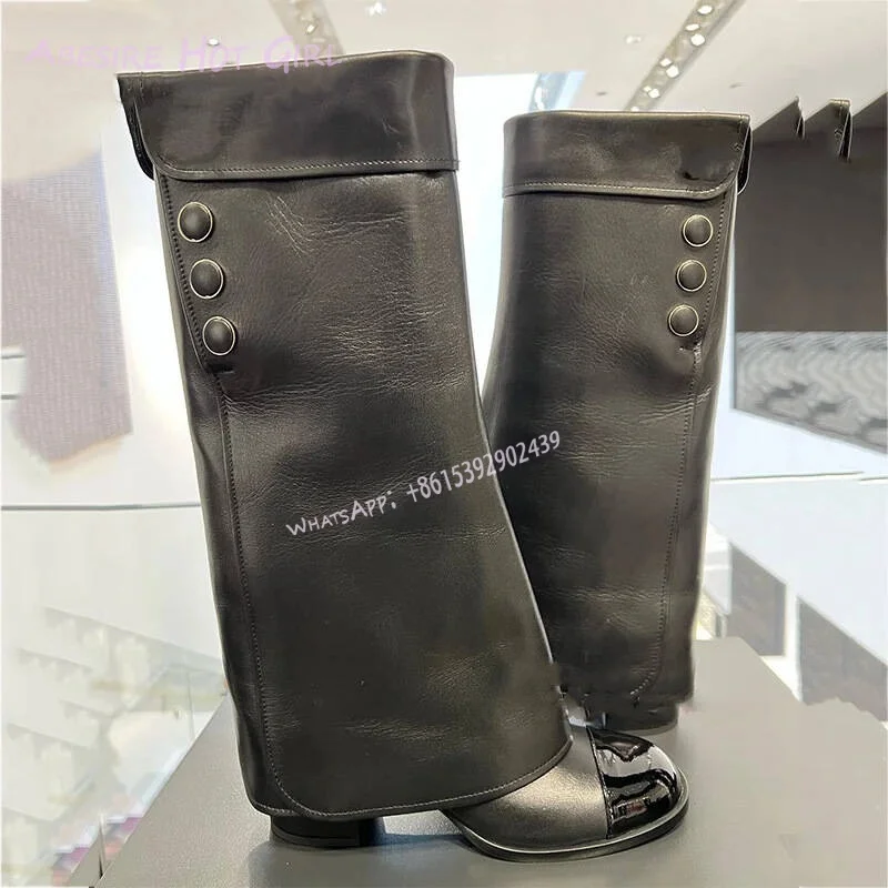 Элегантные ботинки абрикосовой кожи в сложенном виде женские черные до колена с