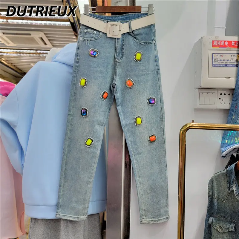 

2023 Spring Heavy Industry Beads Light Blue Jeans Women's Loose Slimming and All-Matching Tappered Tappered Harem Pants