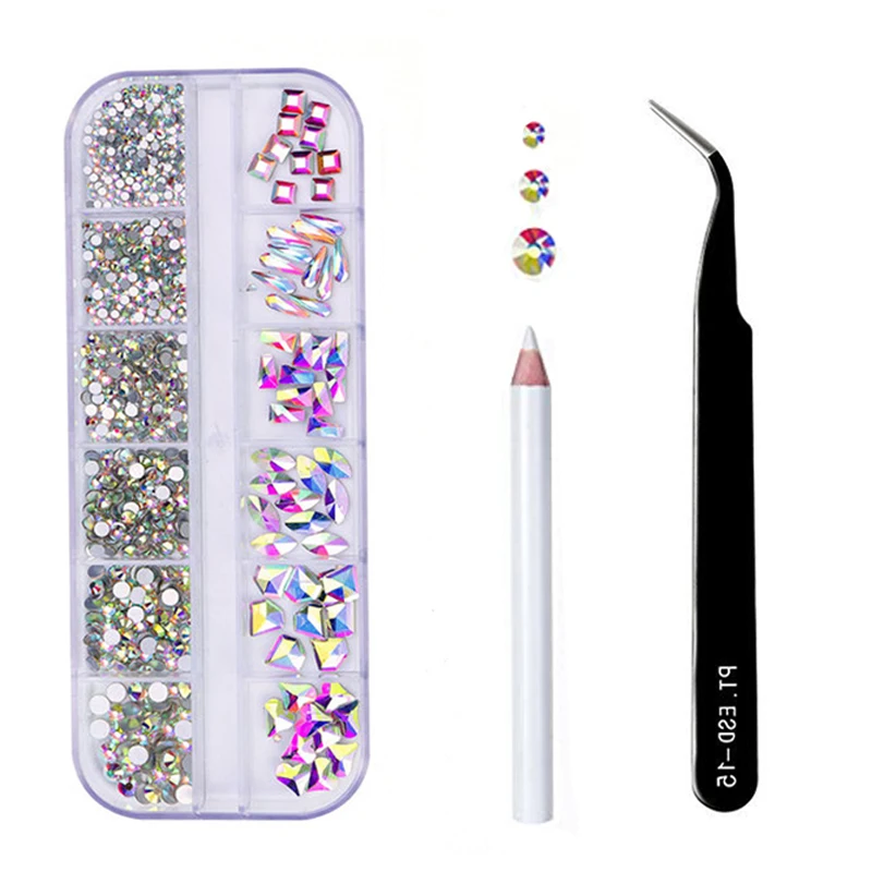 

3pcs/set 3D Nail Art Rhinestones Multi Size Nail Decorations With tweezers and pen Mixed Size Crystal Gems DIY Nails Accessories