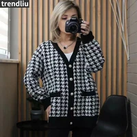 v neck women button black houndstooth cardigan 2022 long sleeve sweater autumn winter knitted loose oversized jumper casual
