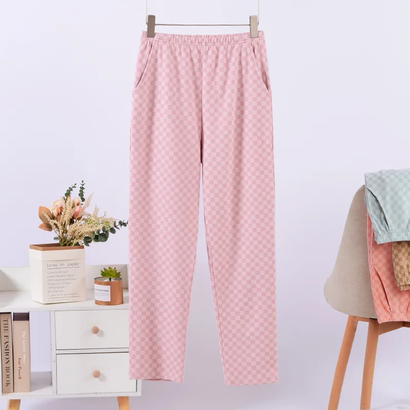 Fdfklak Spring Autumn Plaid Sleepwear Pant For Women New Casual Pajamas Pants Loose Loungewear Thin Velvet Pyjama Trousers