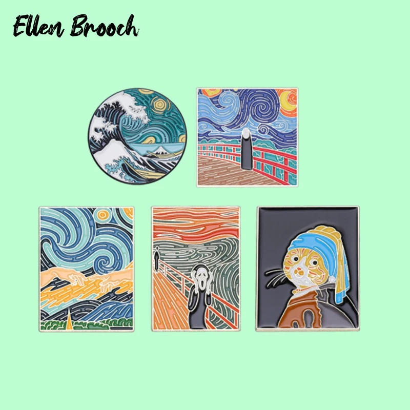 

Van Gogh Painting Enamel Pins Oil Painting The Starry Night Scream Brooch Lapel Badges Art Work Jewelry Gift for Friends